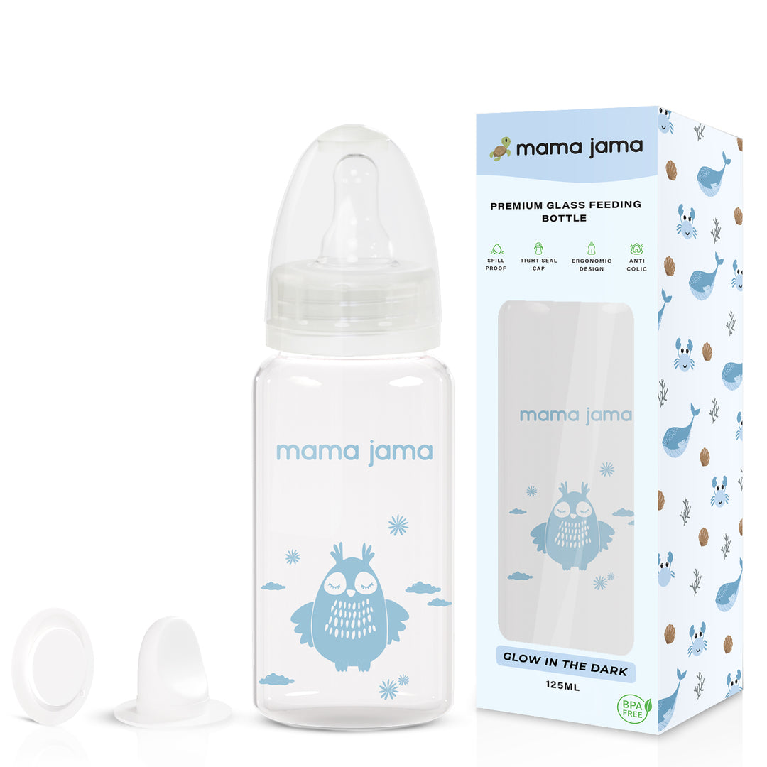 Glow in the dark glass feeding bottle 125ml (Blue - Owl)