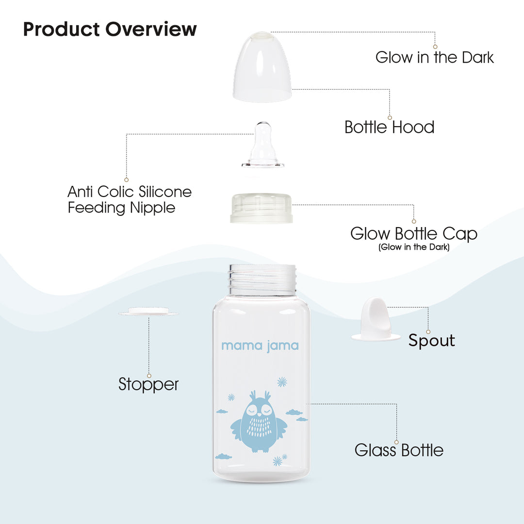 Glow in the dark glass feeding bottle 125ml (Blue - Owl)