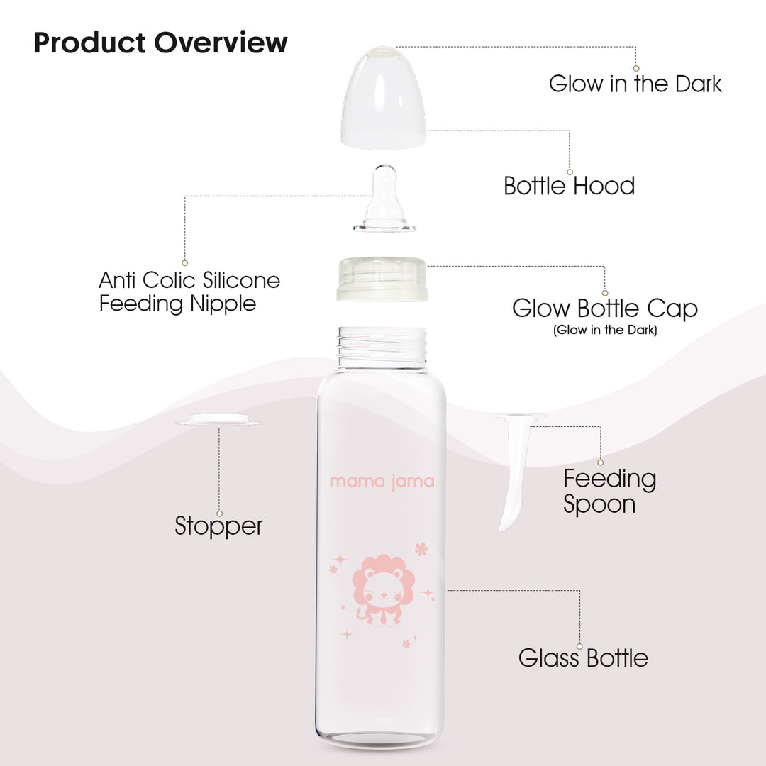 Glow in the dark glass feeding bottle 225ml (Pink - Lion)