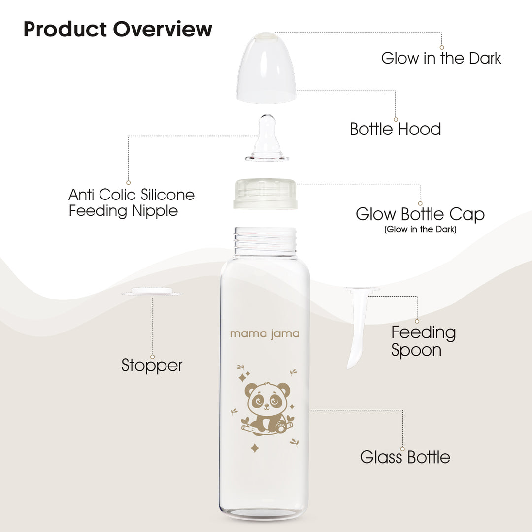 Glow in the dark glass feeding bottle 225ml (Brown - Panda)