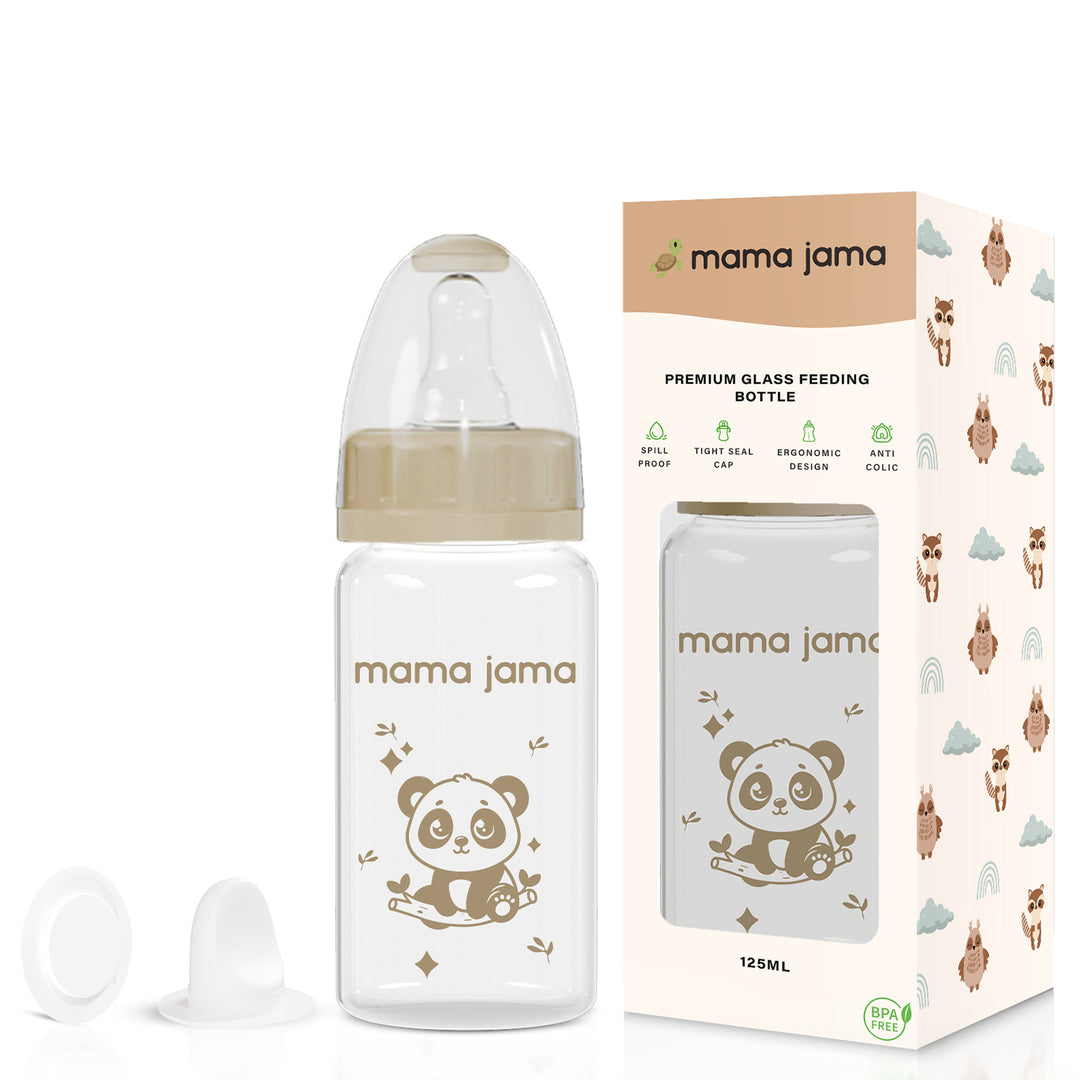 Glass Baby Feeding Bottle 125ml (Light Brown - Panda)