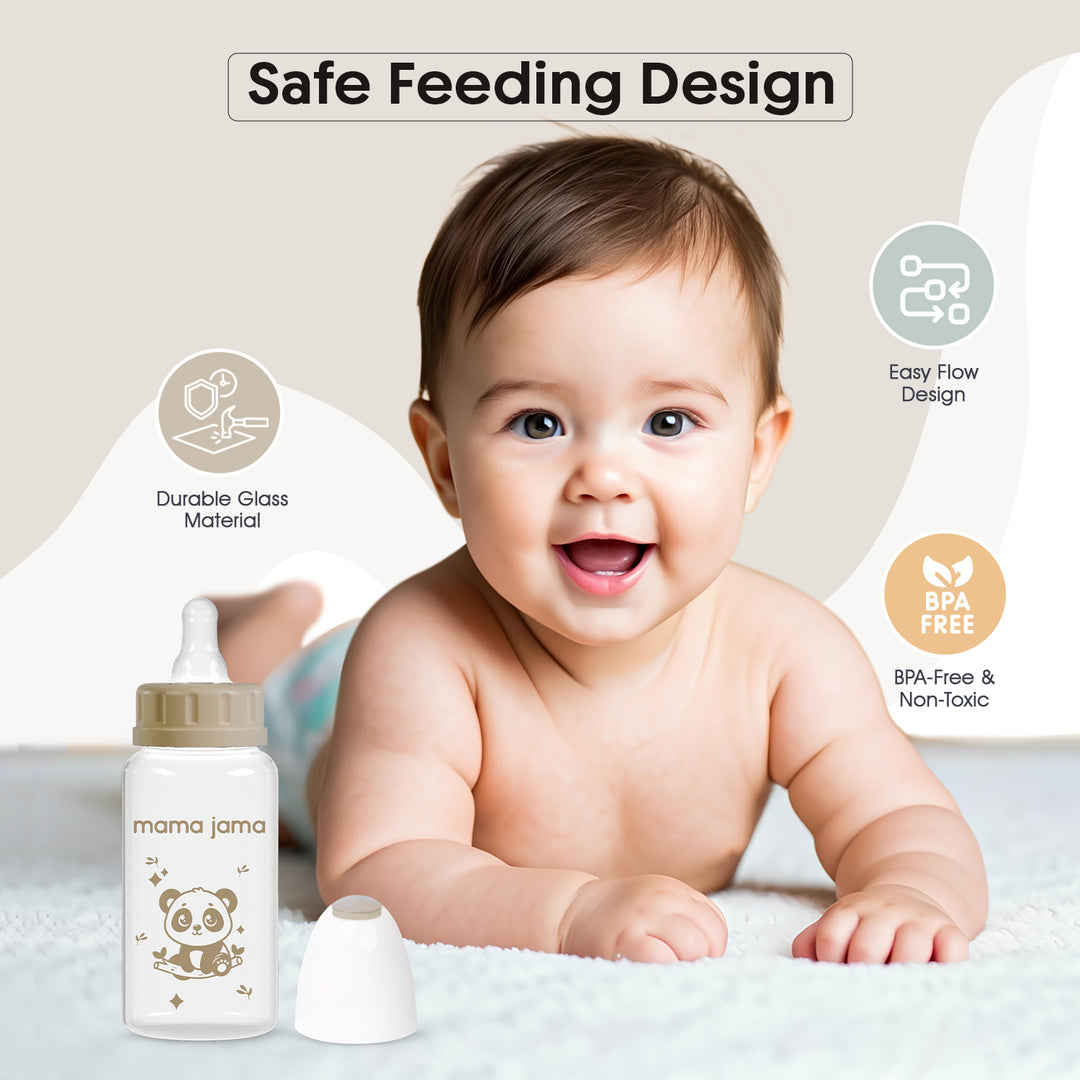 Glass Baby Feeding Bottle 125ml (Light Brown - Panda)