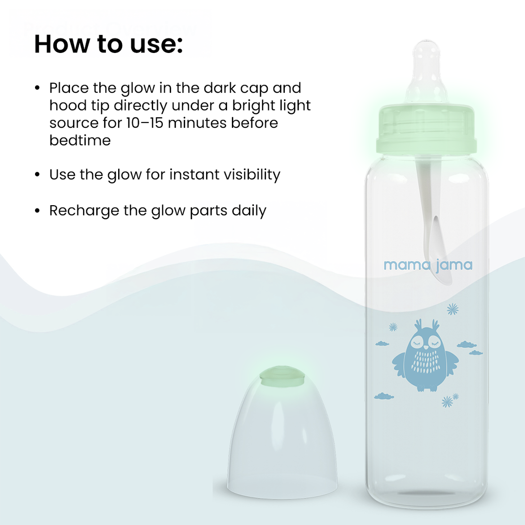Glow in the dark glass feeding bottle 225ml (Blue - Owl)