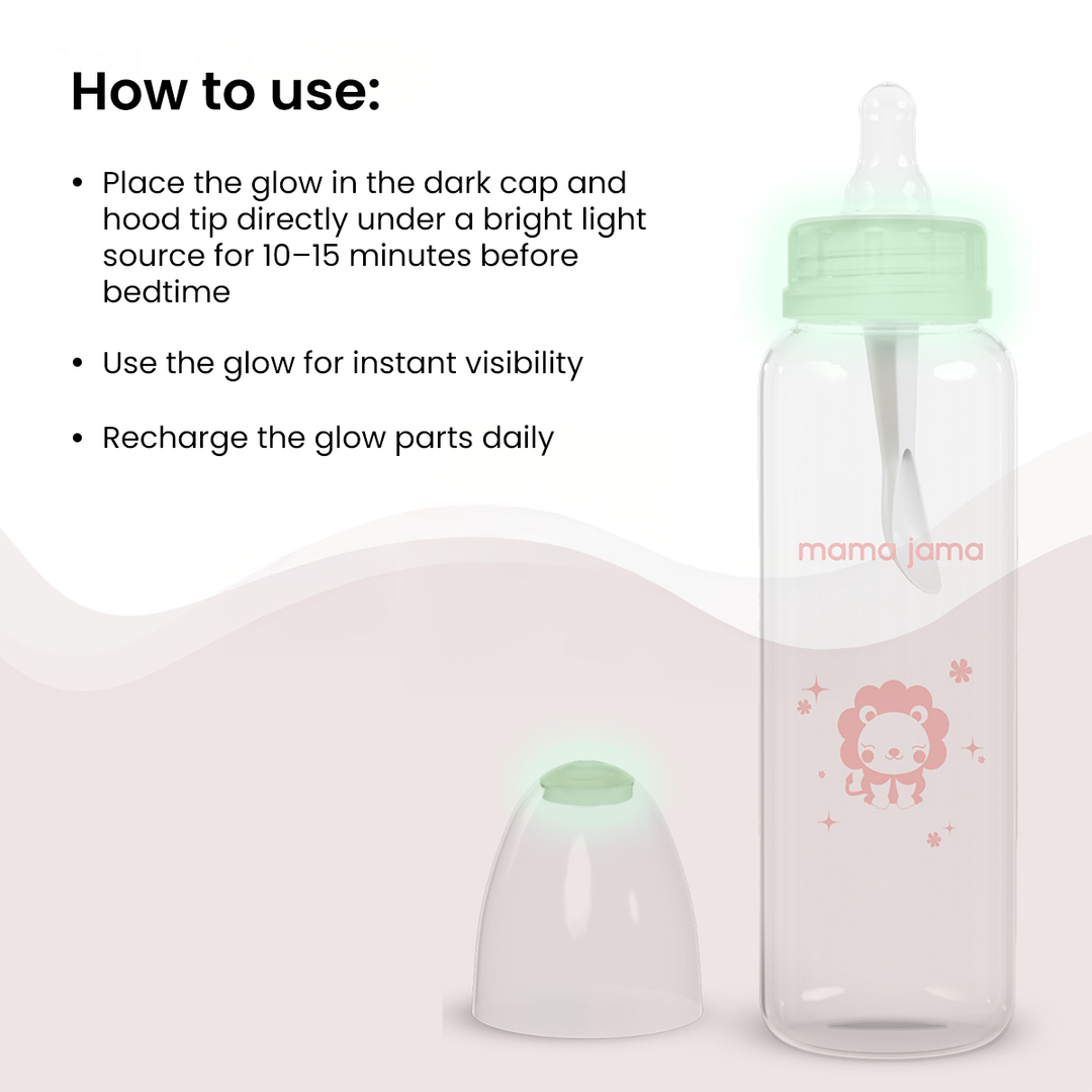 Glow in the dark glass feeding bottle 225ml (Pink - Lion)