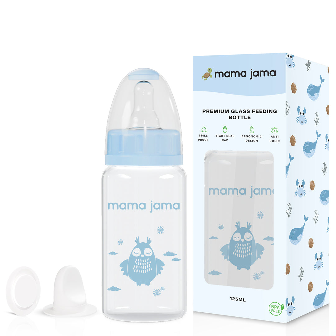 Glass Baby Feeding Bottle 125ml (Blue - Owl)