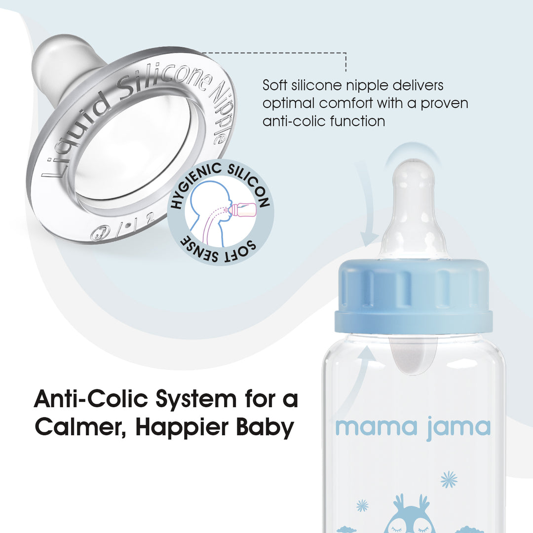 Glass Baby Feeding Bottle 125ml (Blue - Owl)