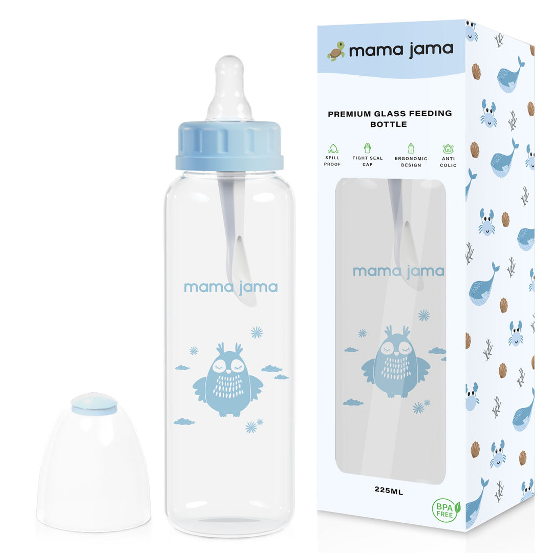 Glass Feeding Bottle 225ml ( Blue - Owl)