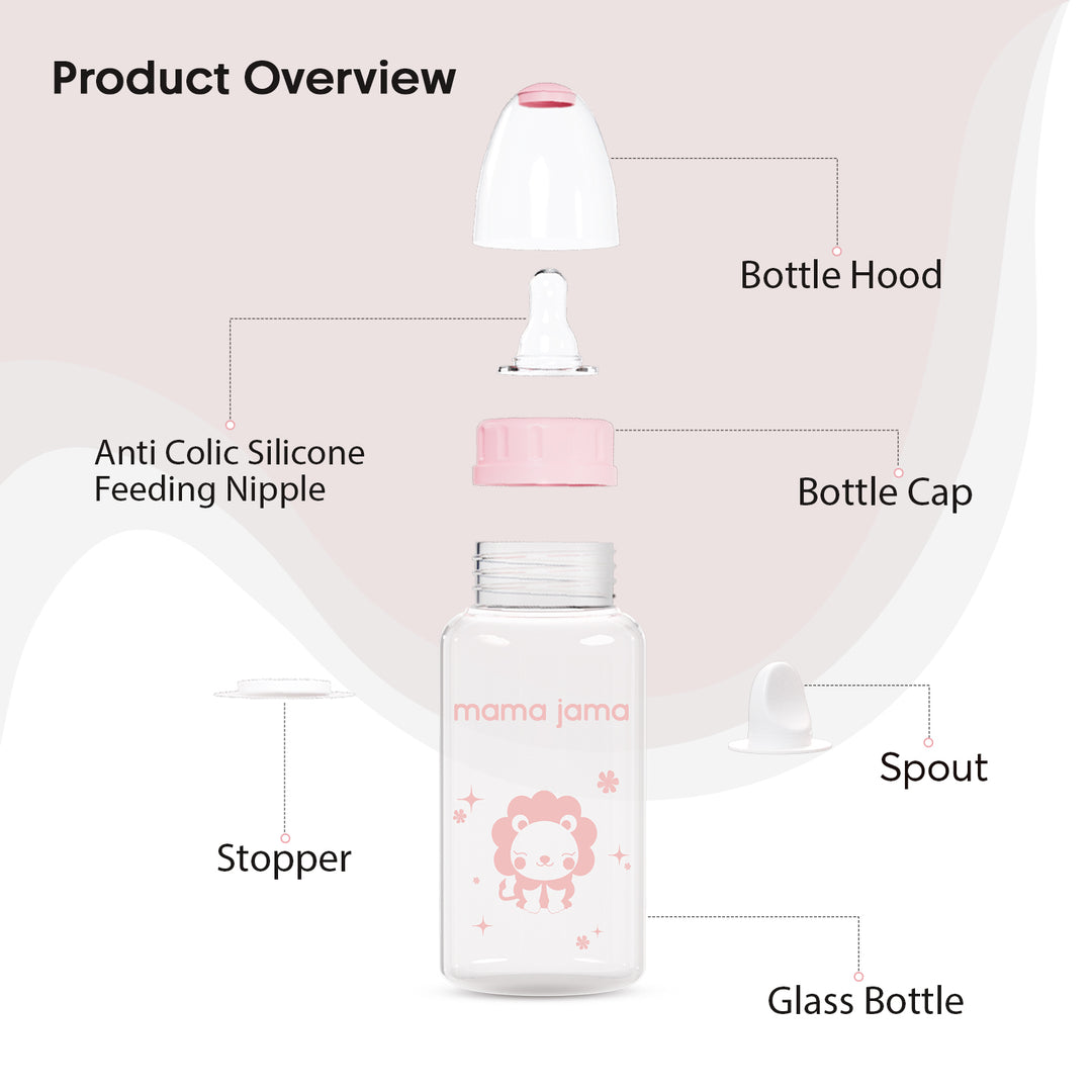 Glass Baby Feeding Bottle 125ml (Pink - Lion)