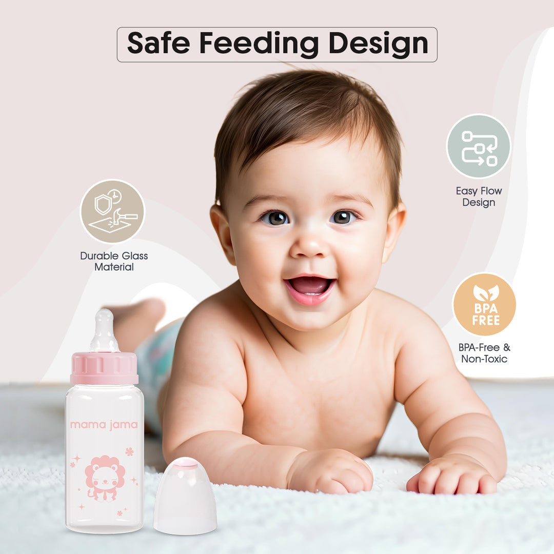 Glass Baby Feeding Bottle 125ml (Pink - Lion)