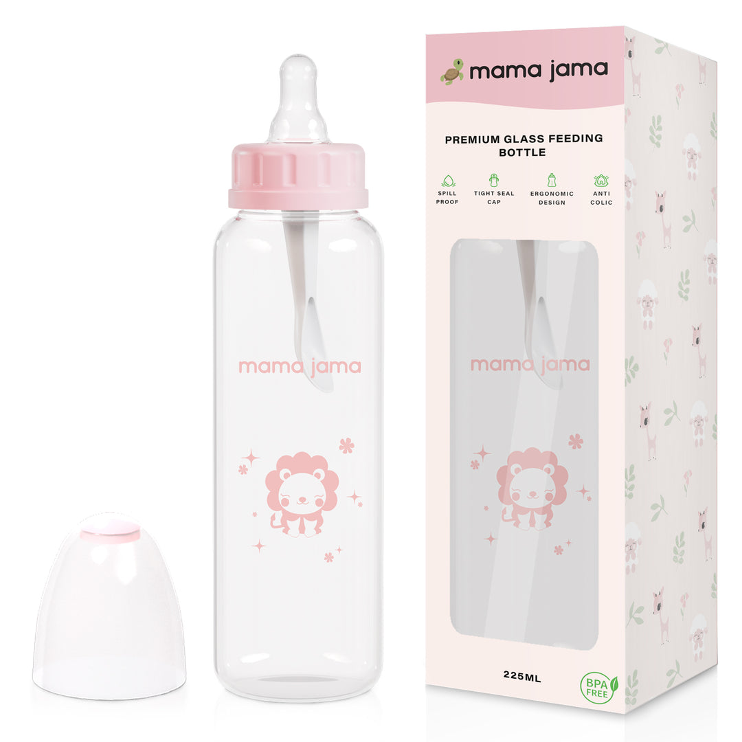 Glass Feeding Bottle 225ml ( Pink - Lion)