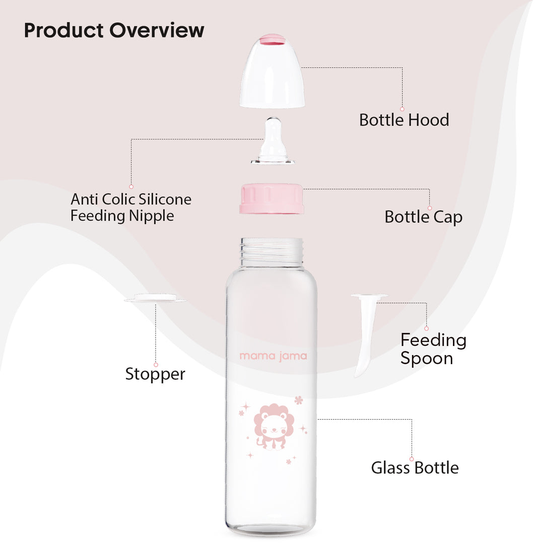 Glass Feeding Bottle 225ml ( Pink - Lion)