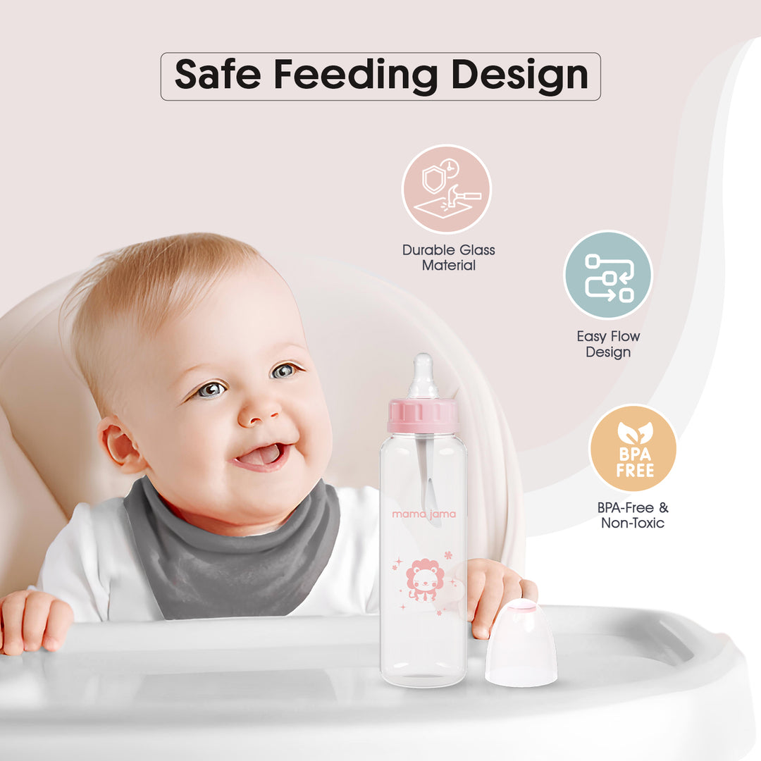 Glass Feeding Bottle 225ml ( Pink - Lion)